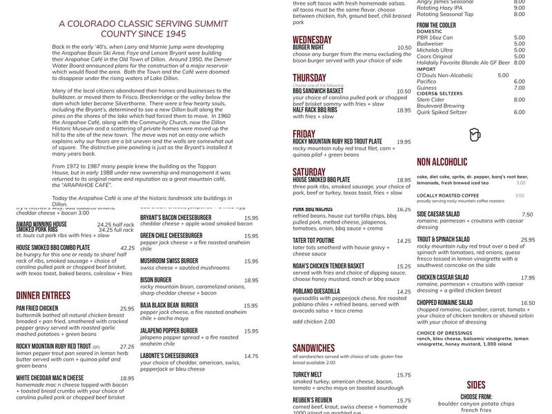 Arapahoe Cafe & Pub Menu