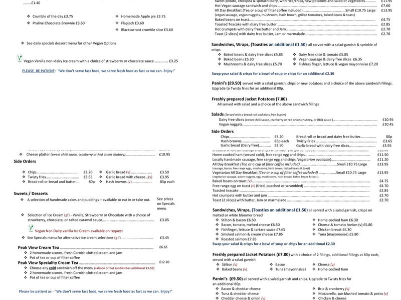 Peak View Tea Rooms Menu