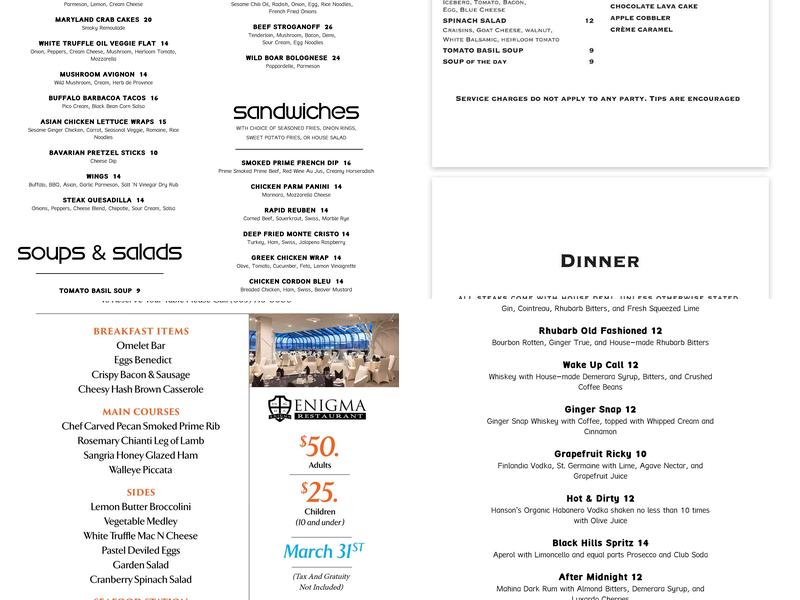 Enigma Restaurant Menu