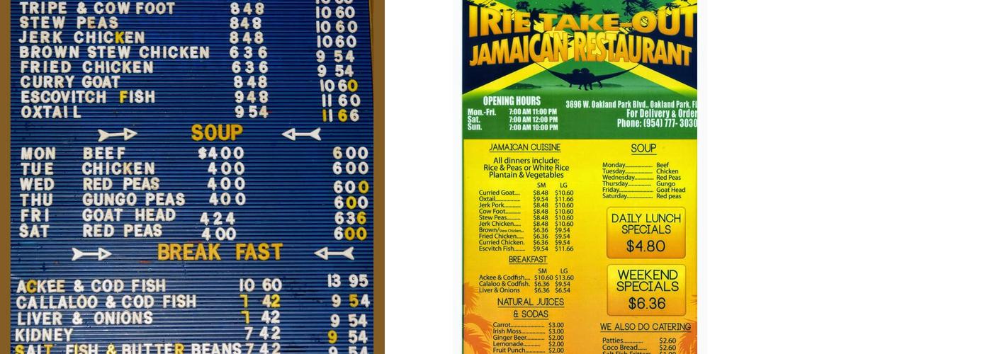 Irie Take Out Jamaican Restaurant Menu