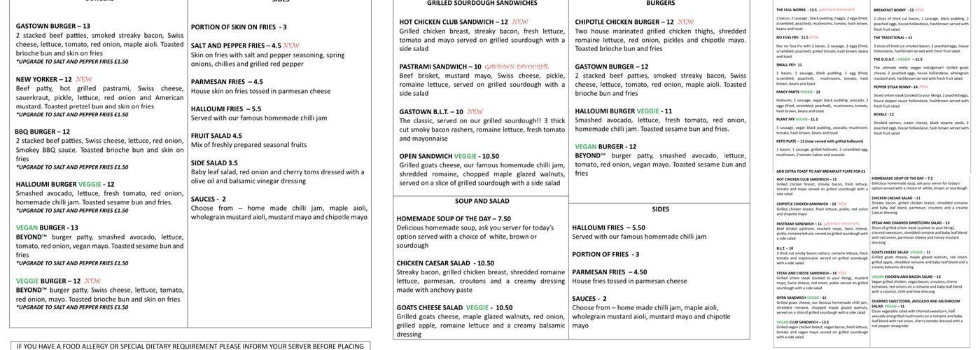 Gastown Cafe Bar Menu