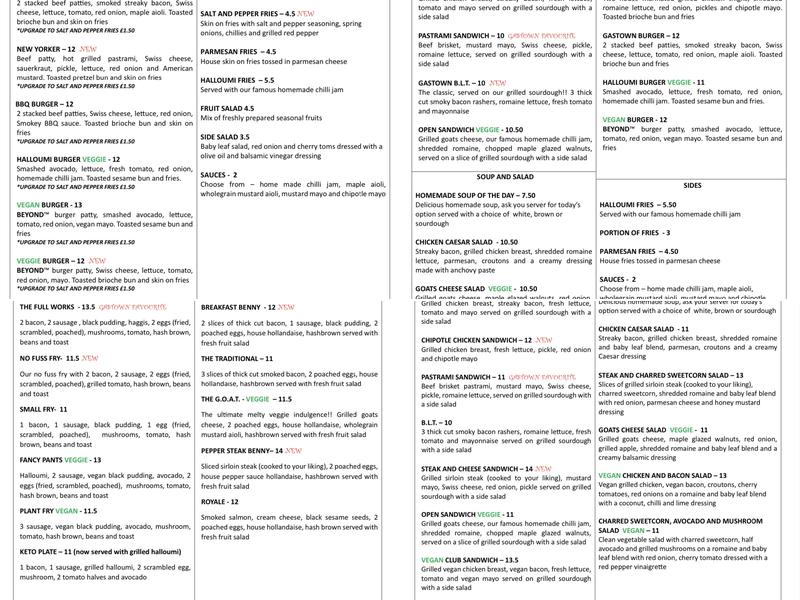 Gastown Cafe Bar Menu