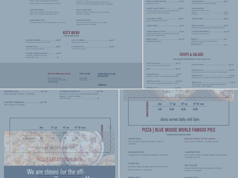 Blue Moose Pizza Beaver Creek Menu