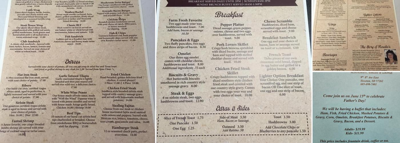 Rosalie's Restaurant, Bakery and Lounge Menu