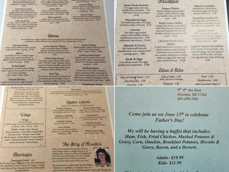 Rosalie's Restaurant, Bakery and Lounge Menu