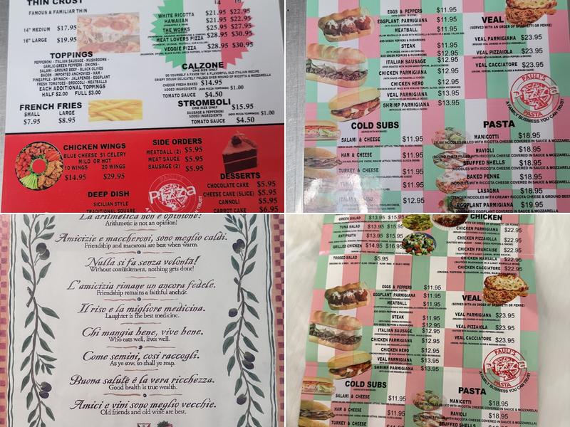 Pauli's Pizza Pasta Menu