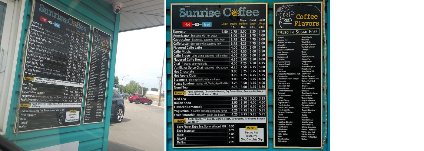 Sunrise Coffee Menu
