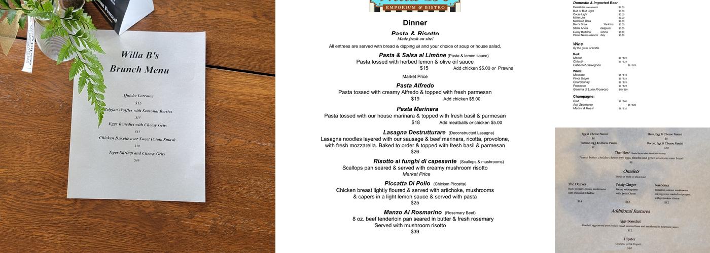 Willa B's Bistro Menu