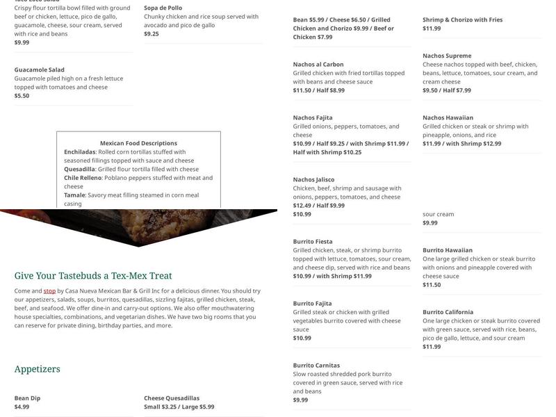 Casa Nueva Mexican Bar & Grill Inc. Menu