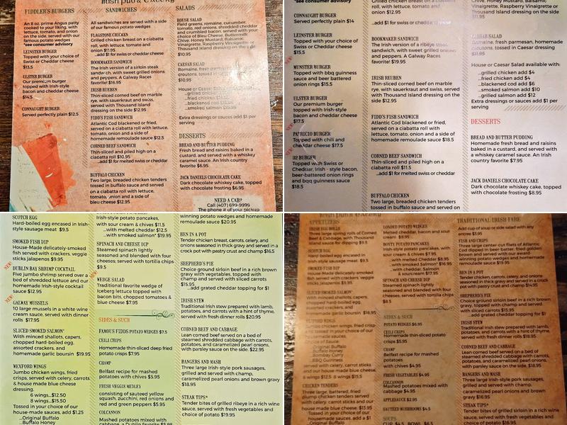 Fiddlers Green Irish Pub & Eatery Menu