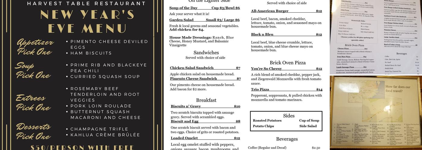 Harvest Table Restaurant Menu