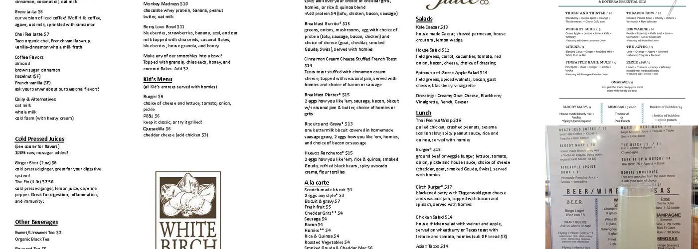 White Birch | Food + Juice Menu