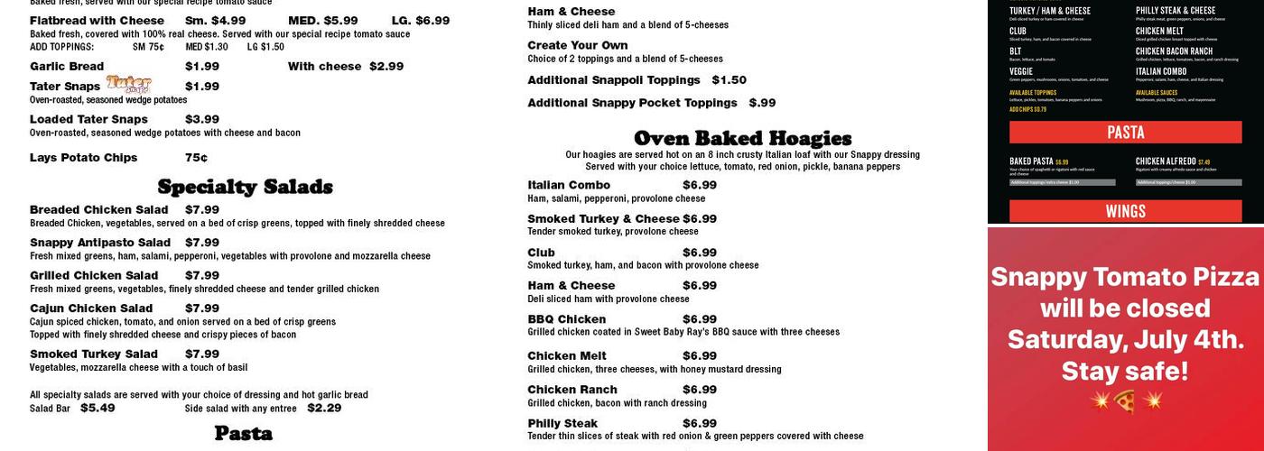 Snappy Tomato Pizza Menu