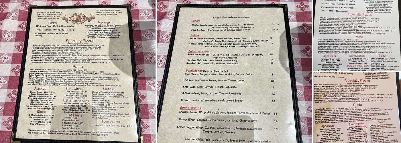 Bullwinkels Menu