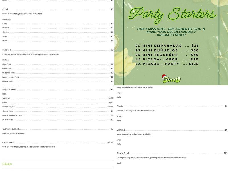 5inco Restaurant Menu