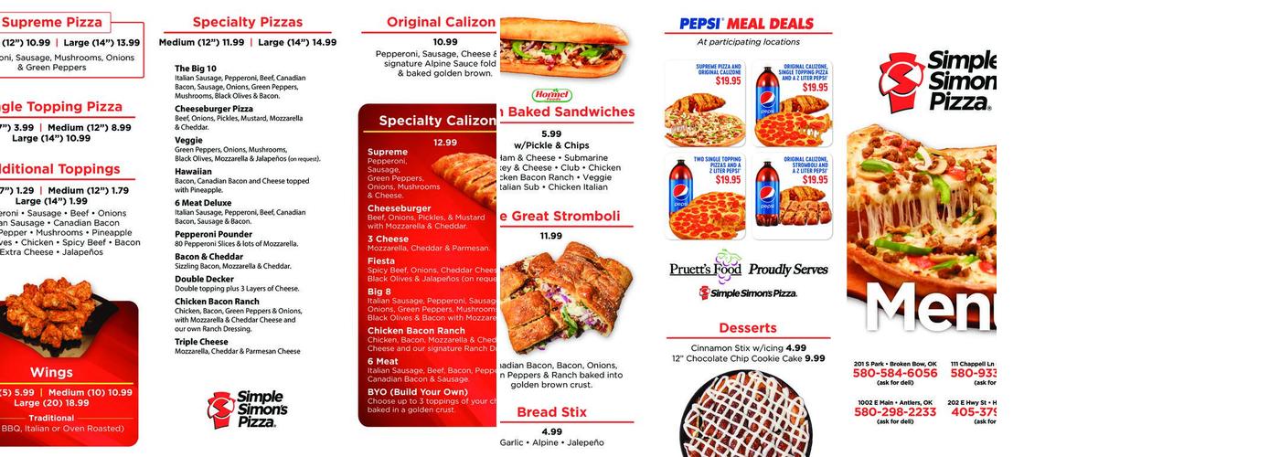 Simple Simon's Pizza Menu