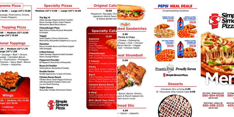 Simple Simon's Pizza Menu