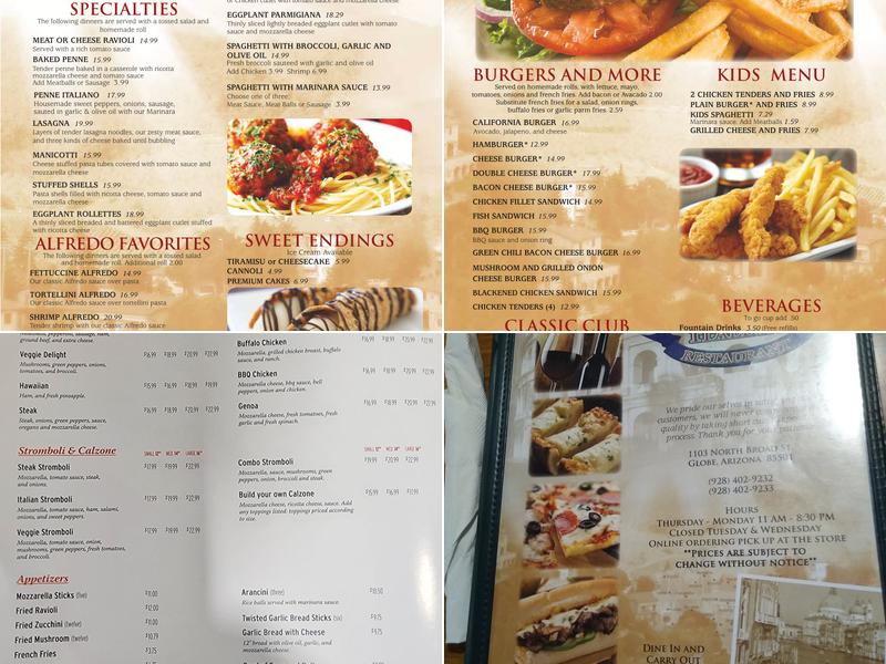 De marcos Italian Restaurant in Globe Menu