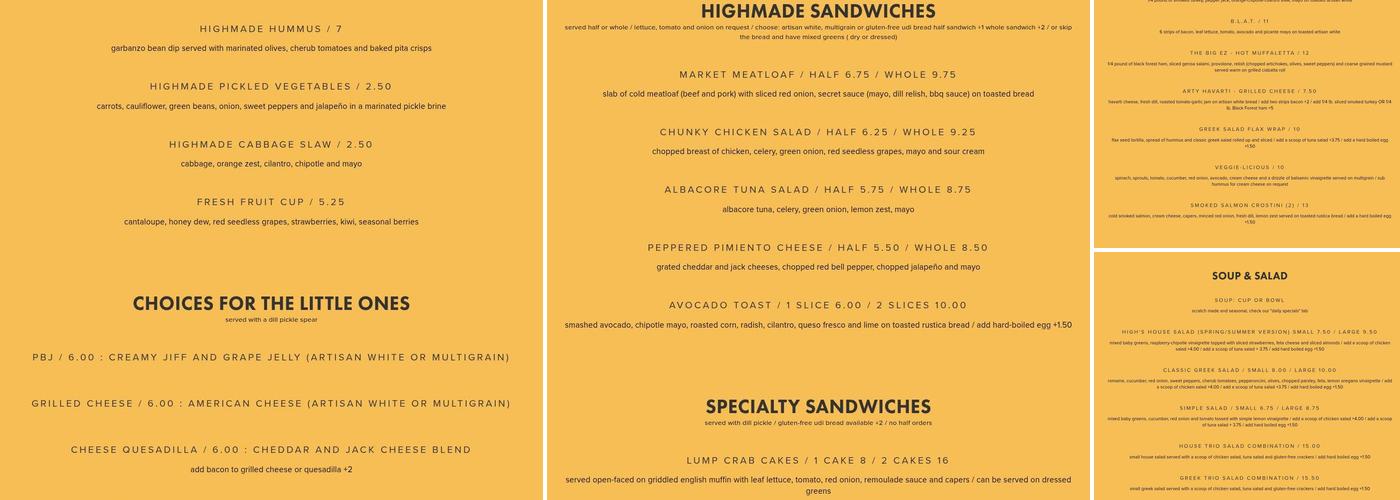 High's Cafe & Store Menu