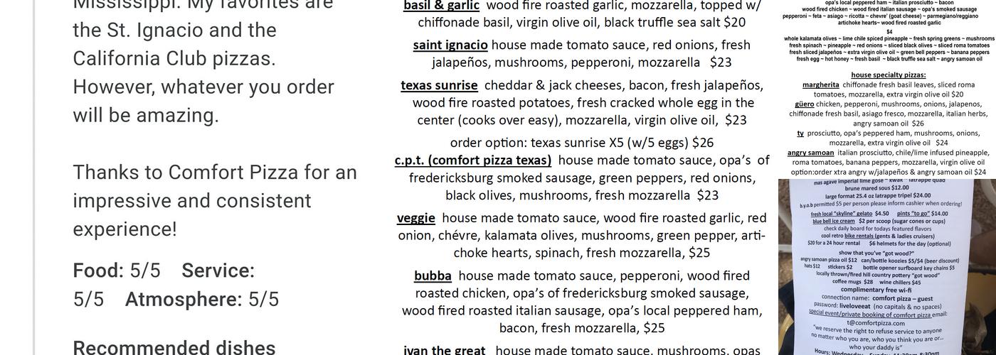 Comfort Pizza Menu