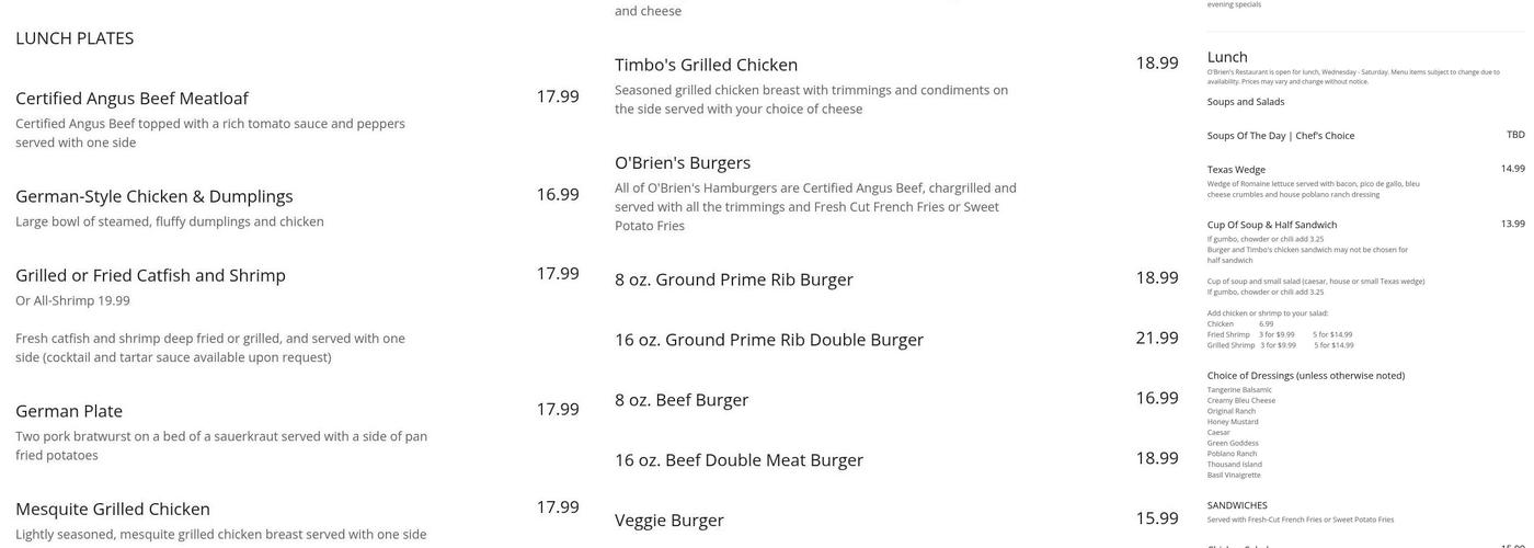 O'Brien's Restaurant in Bergheim Menu