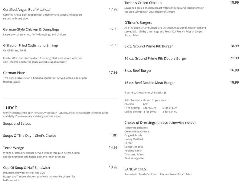 O'Brien's Restaurant in Bergheim Menu