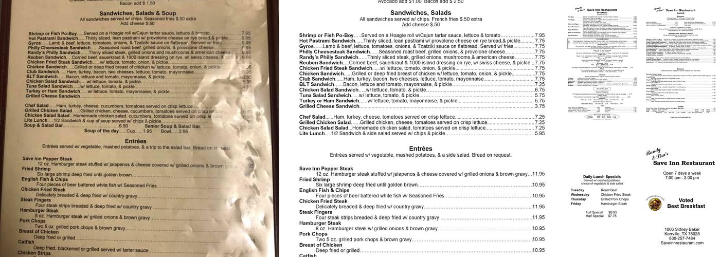 Save Inn Restaurant Menu