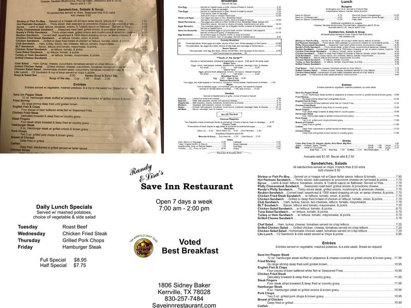 Save Inn Restaurant Menu