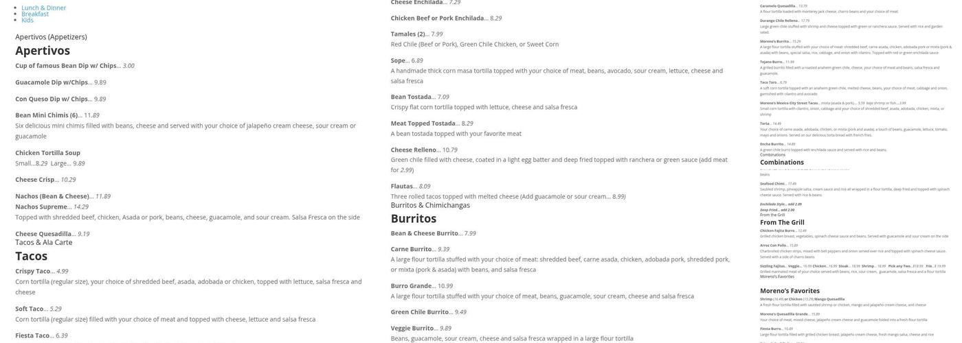 Moreno's Mexican Grill Menu
