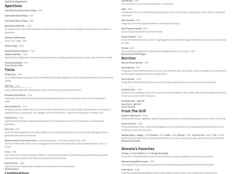 Moreno's Mexican Grill Menu