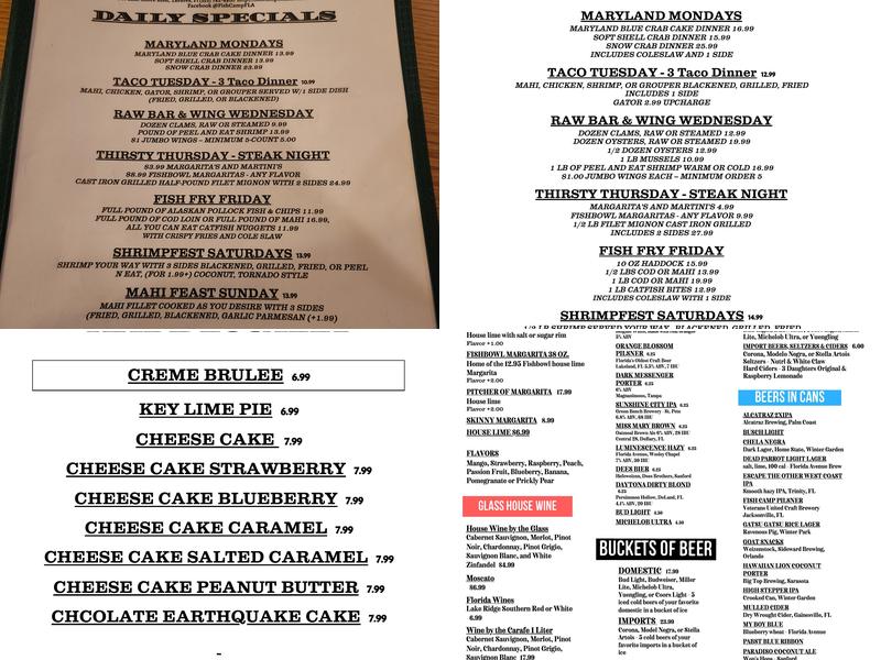 Fish Camp Lake Eustis Menu