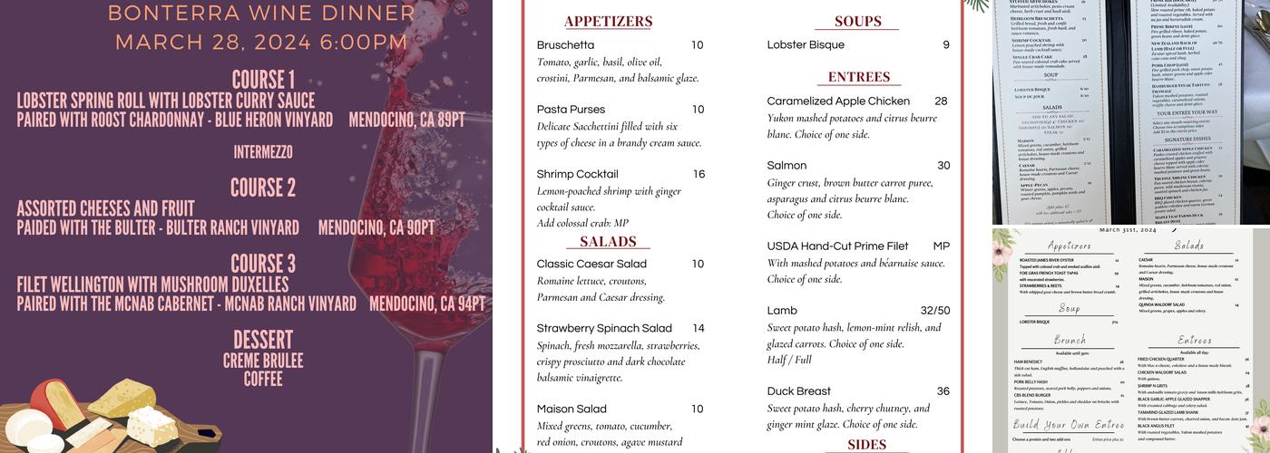 The Rose Plantation Menu