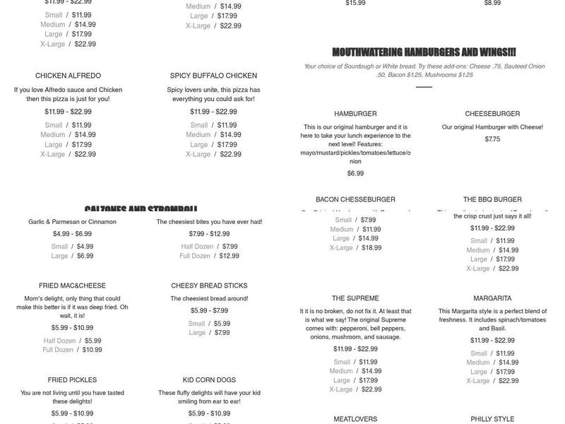 Uncle Bill's Pizza Menu