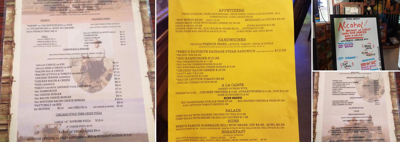 Fred's Arena Bar & Steakhouse Menu