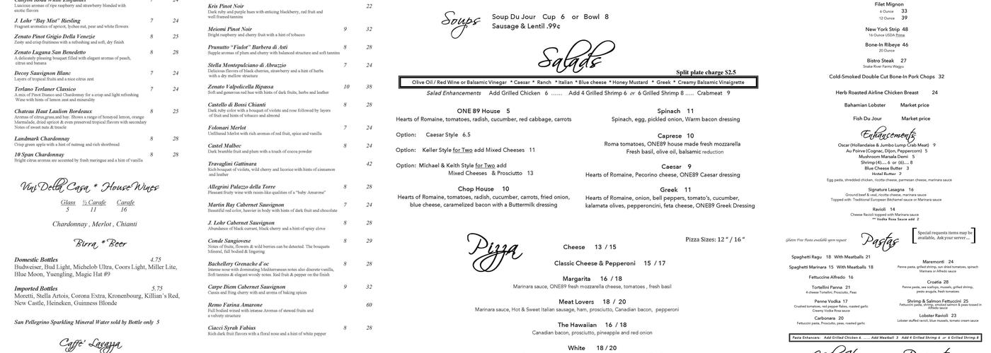 Giovanni's One89 Menu