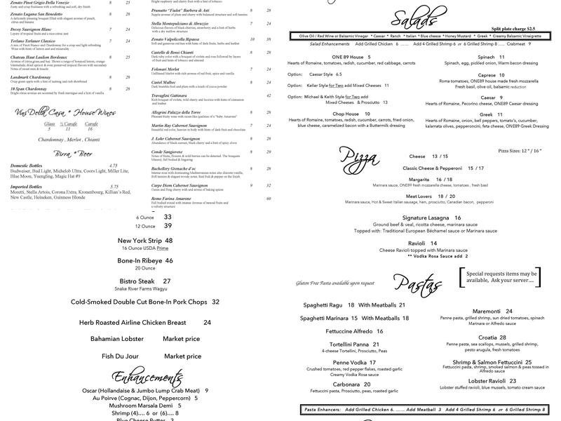 Giovanni's One89 Menu