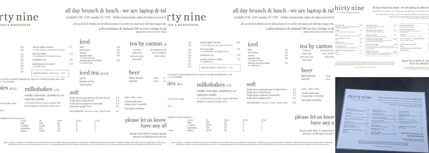 Thirty Nine Kitchen and Bakehouse Menu