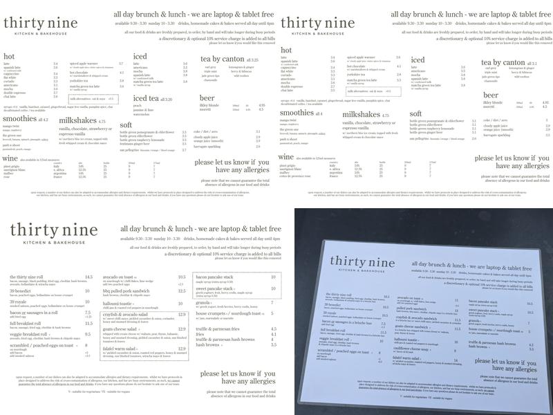 Thirty Nine Kitchen and Bakehouse Menu