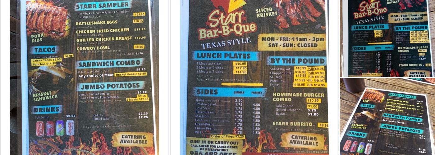 Starr Barbecue Menu