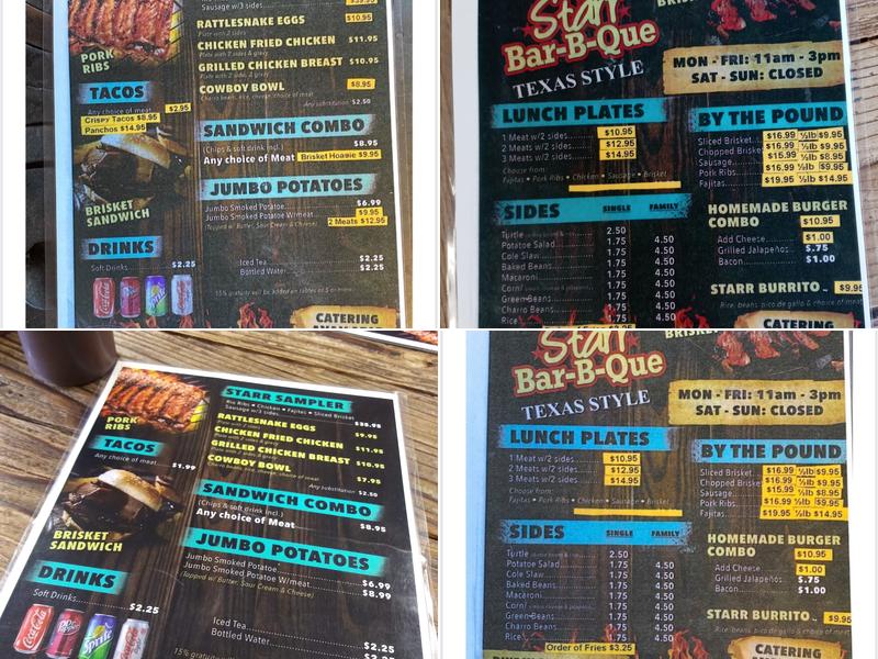 Starr Barbecue Menu