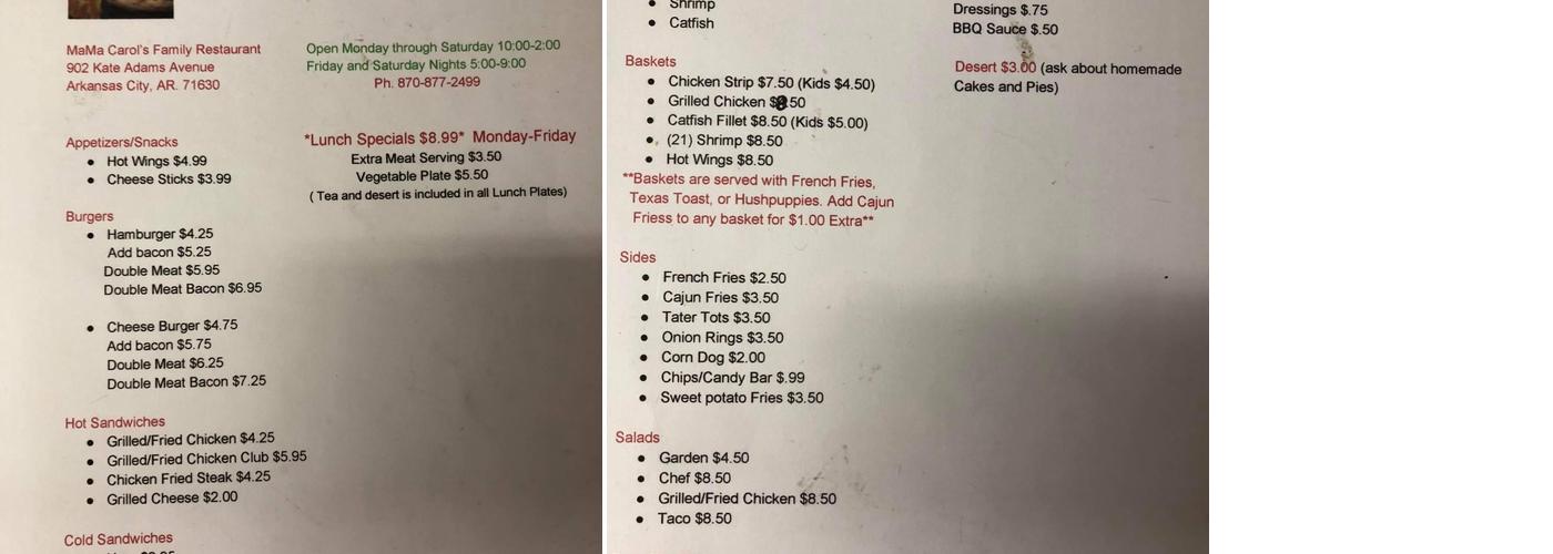 Mama Carol's Bar & Grill Menu
