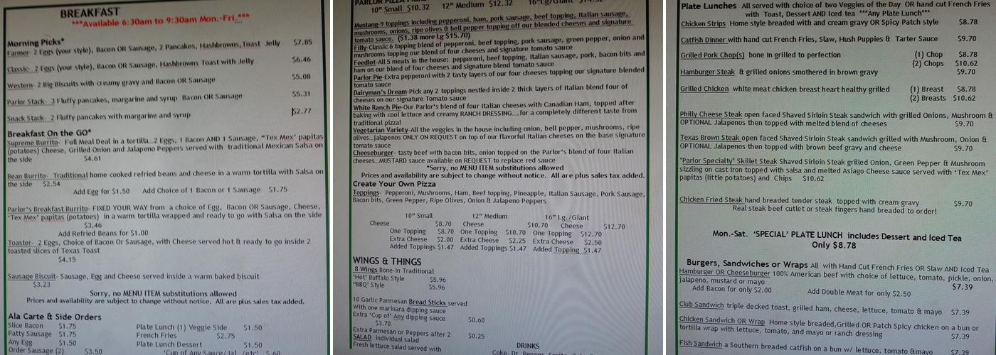Pizza Parlor Menu