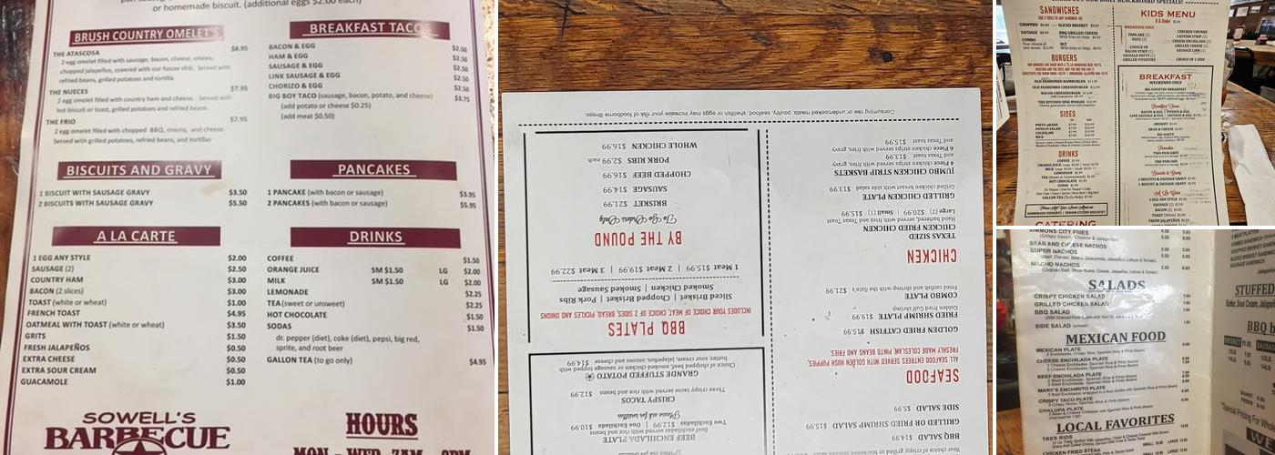 Sowell's BBQ Menu