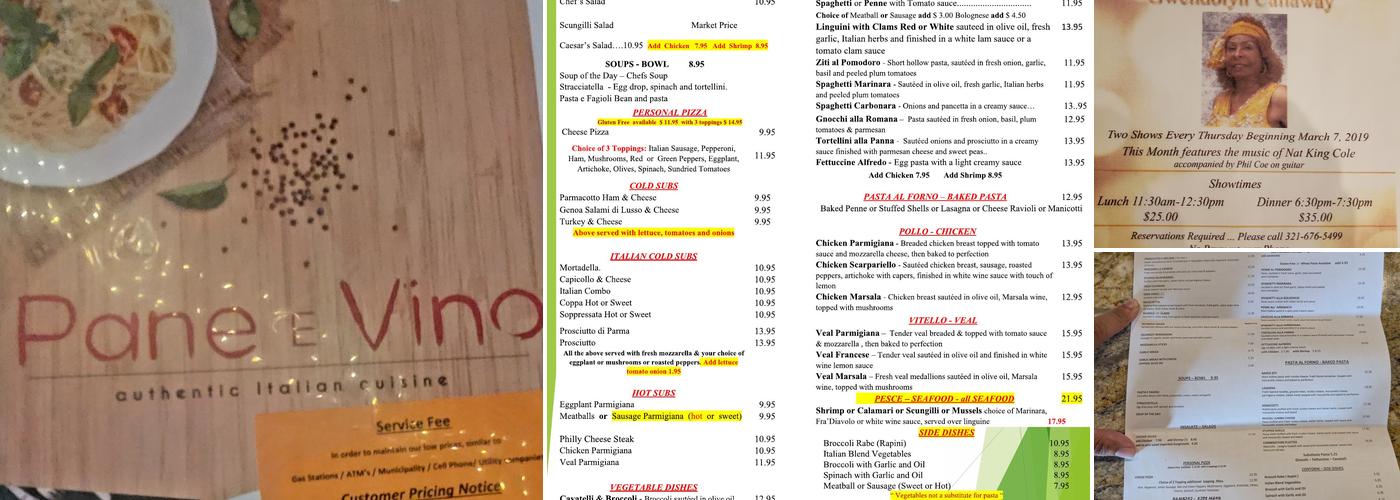 Pane E Vino Italian Restaurant, Deli & Bakery Menu