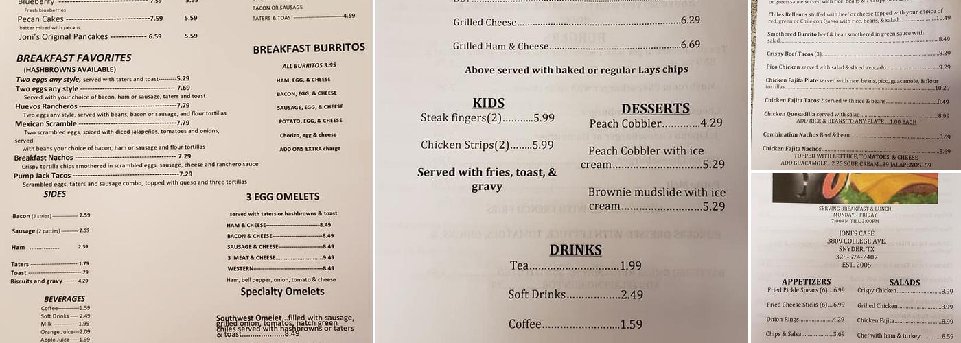 Joni's Cafe Menu