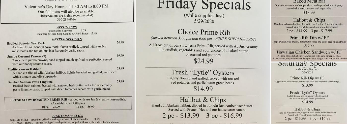 Alec's By the Sea Menu