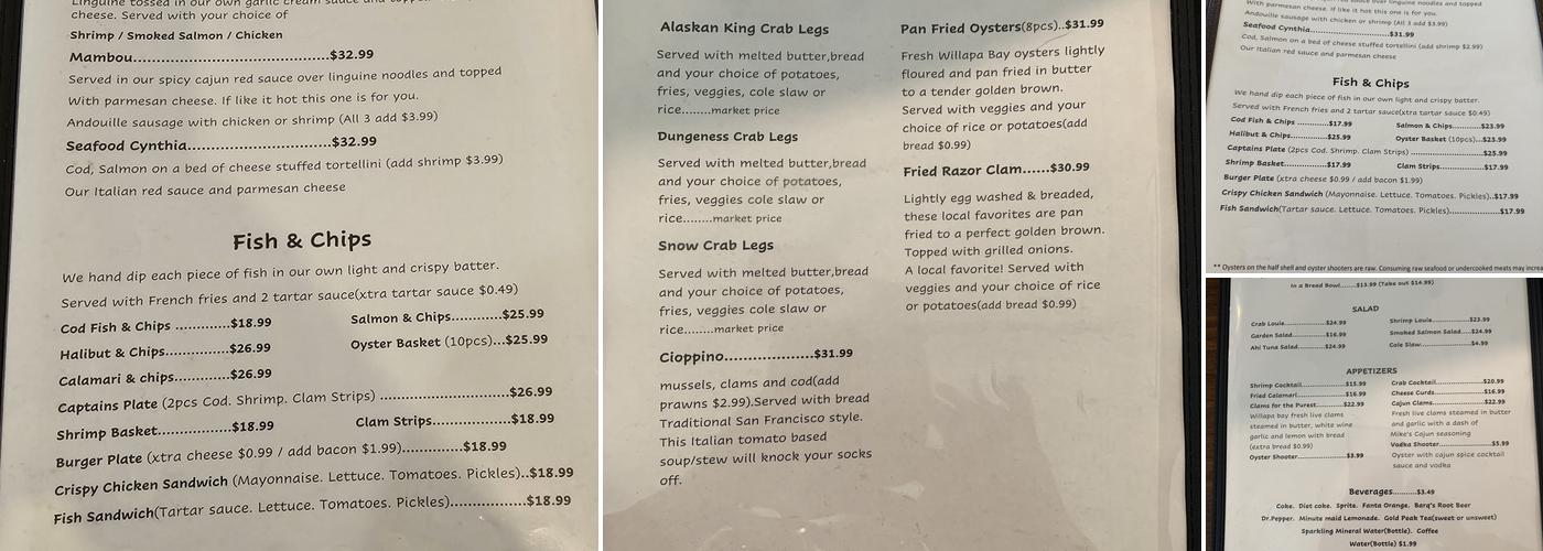 Mike's Seafood Menu