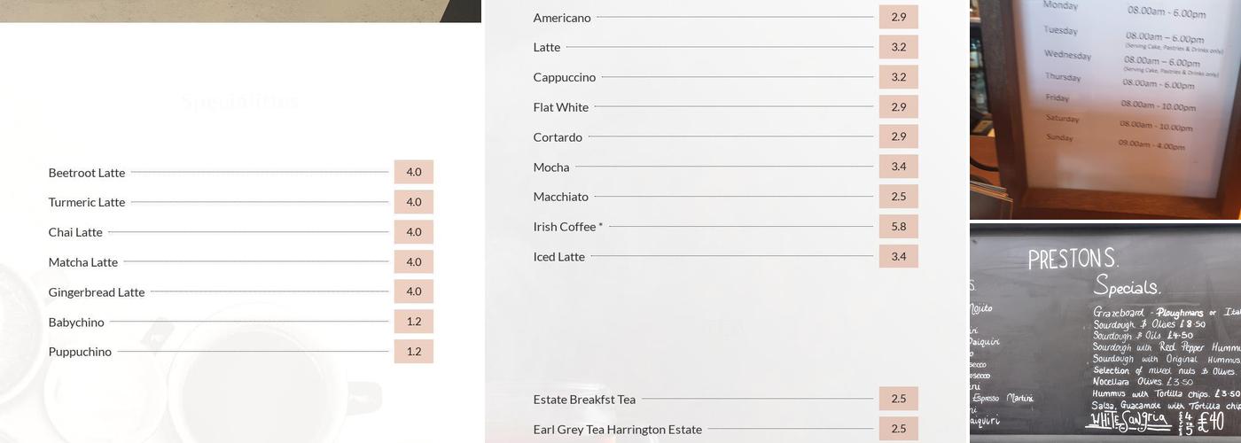 Prestons Speciality Coffee Bar Menu