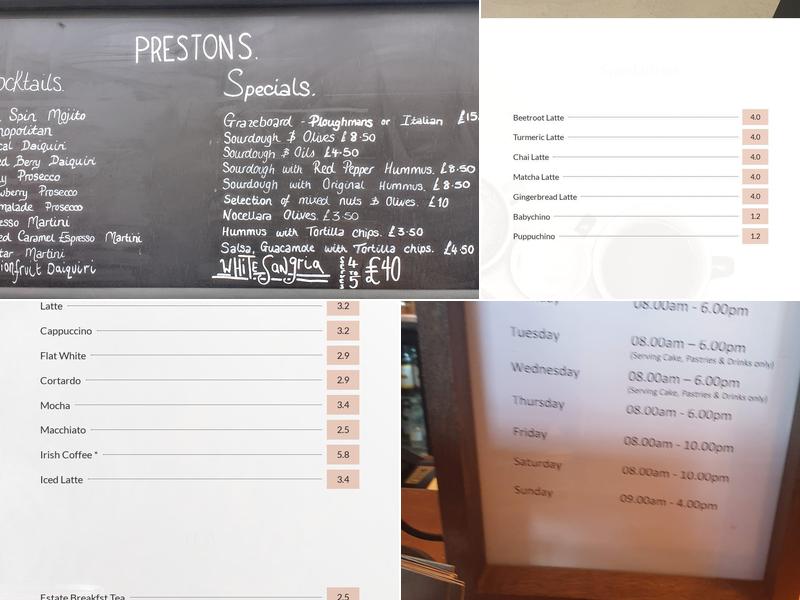 Prestons Speciality Coffee Bar Menu