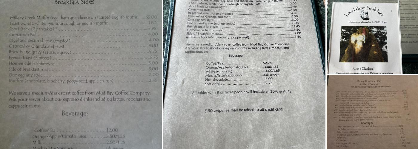 Quinault Internet Cafe Menu